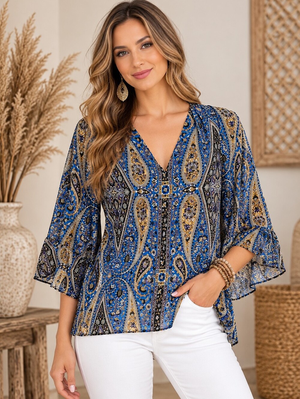 362.Kobi Halperin Silk Paisley V-Neck Blue Print Blouse